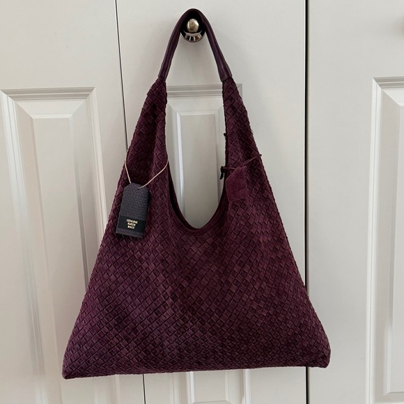 Genuine Leather Handbags - Woven Suede Leather Slouchy Hobo Shoulder Bag, Burgundy Red Purple